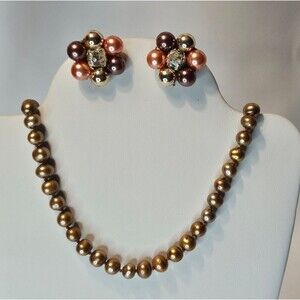 Brown multicolor pearl Clip on Earrings and Necklace